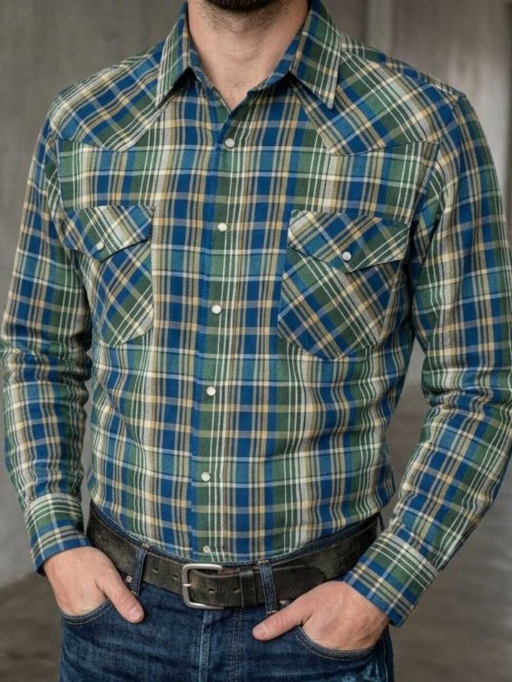 Rock Creek Vintage Pearl Snap Western Shirt Plaid Long Sleeve Blue Green Men's L